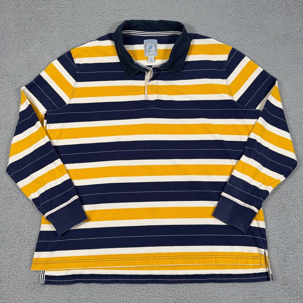 Lands End Rugby Shirt Men XXL Blue Yellow Striped Cotton Long Sleeve Prep Ivy